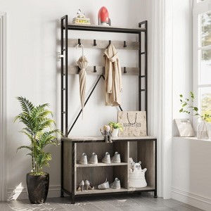 4-in-1 Hall Tree with Storage Bench & 8 Hooks - Multi-Tier Adjustable Shoe Rack, Anti-Tip Metal Frame, Entryway Organizer for Apartments - 1 of 4