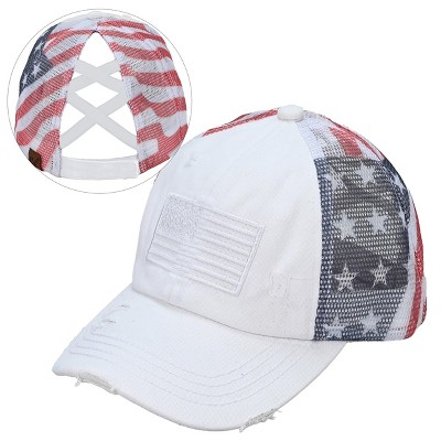 Nertpow Women's Criss-Cross Ponytail Baseball Cap ¨C Embroidered Cotton Front, American Flag Mesh Back, Adjustable Velcro