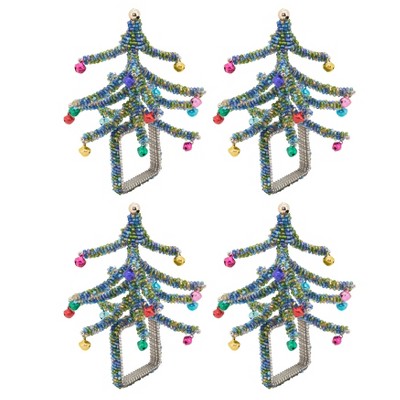 Blue Beaded Christmas Tree Napkin Rings Set of 4