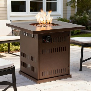 BAOURE 28" Square Outdoor Propane Fire Pit Table 50,000 BTU Patio Heater with Lava Rocks, Brown Steel Deck for Garden & Courtyard - 1 of 4