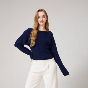 Women's Long Sleeve Ribbed Boat Neck Sweater - A New Day™ Blue XL