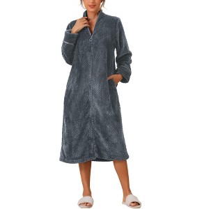 cheibear Women's Flannel Warm Cozy Fluffy Zipper Long Bathrobe - 1 of 4