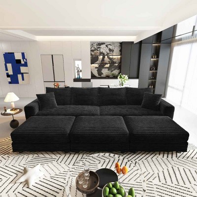 102.4 Inch Convertible Lounge Sofa with 3 Ottomans, 4-Seat Cloud Couch with Cushions, Corduroy Lounge Sofa with Wood Frame-Coolbibila