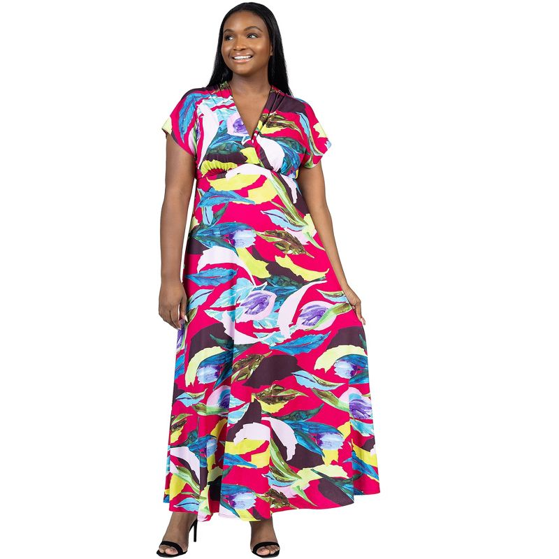24seven Comfort Apparel Plus Size Floral Print V Neck Empire Waist Cap Sleeve Maxi Dress, 5 of 7