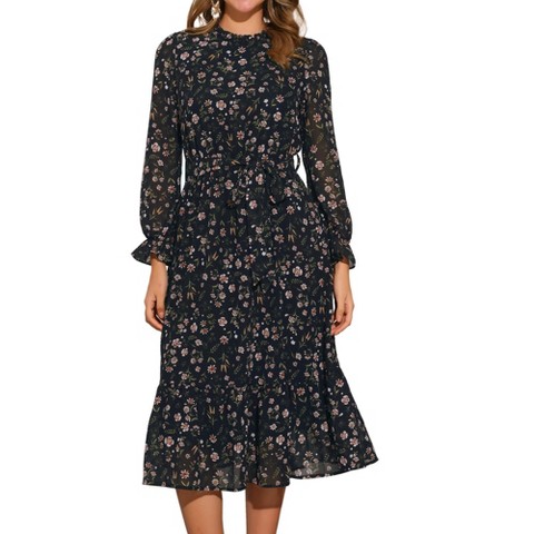 Женские платья INSPIRE CHIC Women's Floral Mock Neck Long Sleeve Elastic Waist Flowy Midi Dress X-Large Black