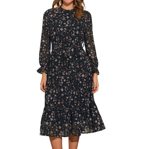 INSPIRE CHIC Women's Floral Mock Neck Long Sleeve Elastic Waist Flowy Midi Dress - 1 of 4