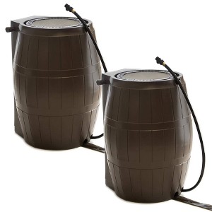 FCMP Outdoor 50-Gallon BPA Free Flat Back Home Rain Catcher Water Storage Collection Barrel for Watering Outdoor Plants & Gardens, Brown (2 Pack) - 1 of 4