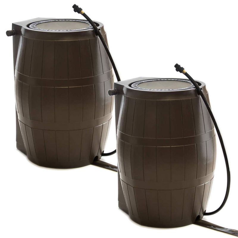 FCMP Outdoor 50-Gallon BPA Free Flat Back Home Rain Catcher Water Storage Collection Barrel for Watering Outdoor Plants & Gardens, Brown (2 Pack), 1 of 7