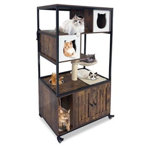 Cat Tree with Litter Box Enclosure 57.5''H Wooden Cat Tower Cabinet with Wheels - 1 of 4