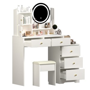 CLIHOME Fashion Vanity Desk with Mirror and Cushioned Chair, Vanity Table Set with 3 Color Lighting Brightness Adjustable - 1 of 4