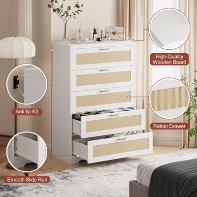5 Drawer Rattan Dresser for Bedroom, 47.27” Tall Dresser with Power Outlets, Wood Dresser Chest of Drawers for Living Room Closet Hallway Entryway
