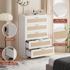 5 Drawer Rattan Dresser for Bedroom, 47.27” Tall Dresser with Power Outlets, Wood Dresser Chest of Drawers for Living Room Closet Hallway Entryway - 1 of 4