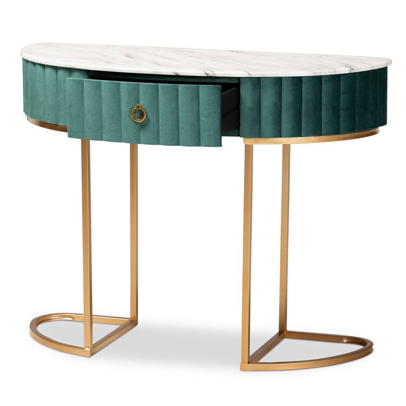 1 Drawer Beale Velvet Upholstered and Brushed Console Table Green/Gold - Baxton Studio, 3 of 11
