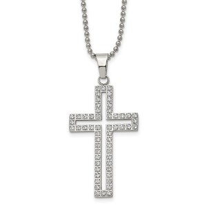 Black Bow Jewelry Stainless Steel & White CZ Voided Cross Necklace, 22 Inch - 1 of 4