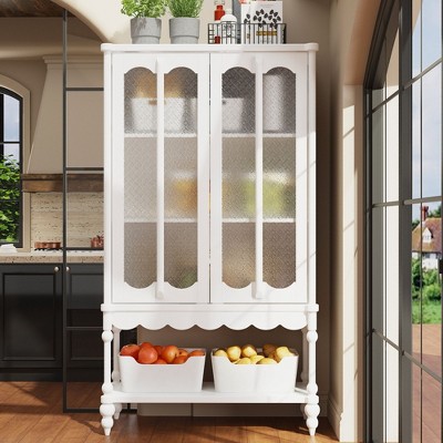 FUFU&GAGA Elegant White, Textured - Glass - Doored Pantry Cabinet with Scalloped Base & Rounded Legs for Kitchen, Dining & Living Spaces