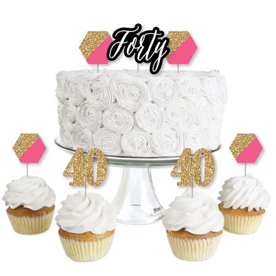Big Dot of Happiness Chic 40th Birthday - Pink, Black and Gold - Dessert Cupcake Toppers - Birthday Party Clear Treat Picks - Set of 24