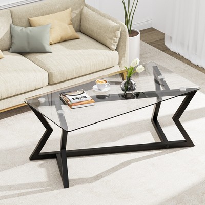 Pamapic Modern Glass Coffee Table with Metal Crossed Legs, Adjustable Feet for Living Room
