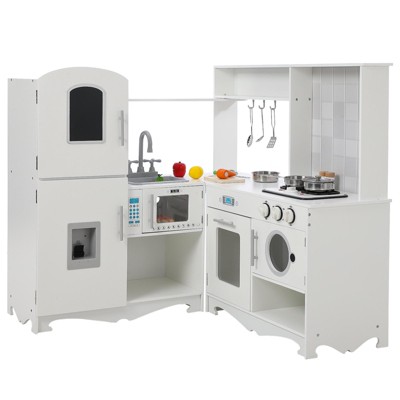 COZONY Corner Play Kitchen Set for Kids, Wooden Pretend Cooking Center with Interactive Sounds Storage Cabinets for Toddlers