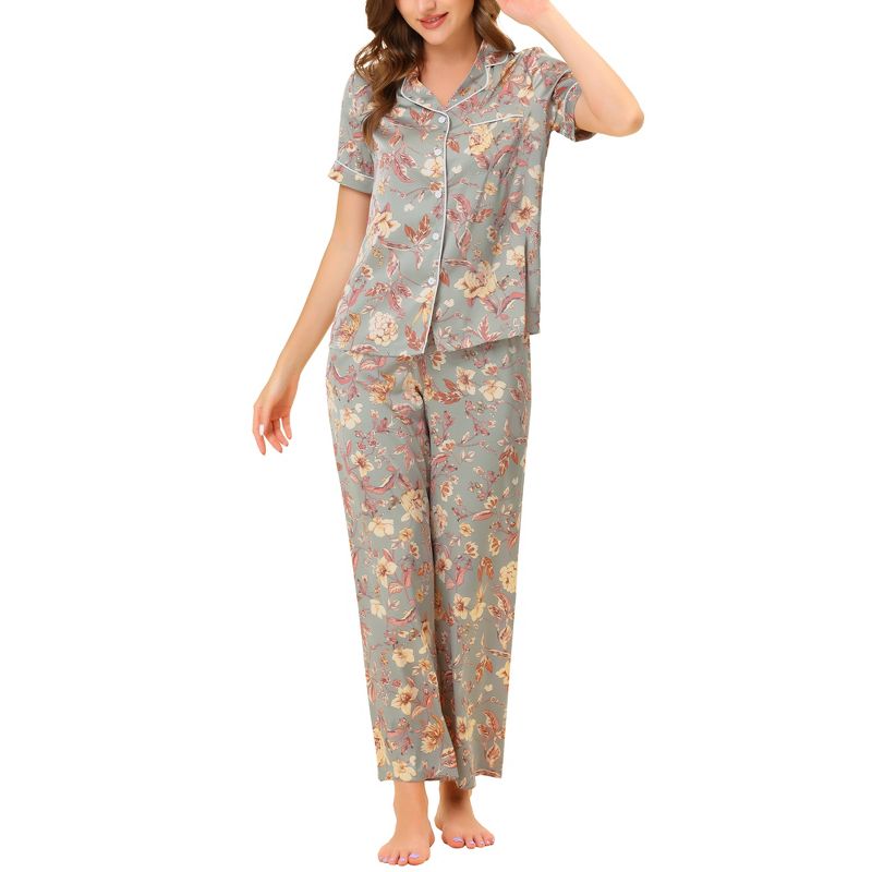 cheibear Women's Silky Short Sleeves Sleepshirt with Pants Pajama Set 2 Pcs, 3 of 7