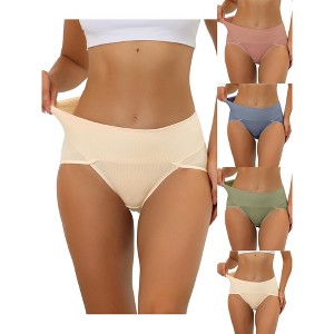 Allegra K Women's Ribbed High Waist Tummy Control Available 5 Packs in Plus Size Briefs - 1 of 4