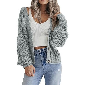 Zeagoo Women's 2025 Fall Chunky Knit Cardigans Open Front Long Sleeve V Neck Button Loose Cardigan Sweaters - 1 of 4