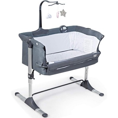 Safstar Baby Bedside Crib, Portable Foldable Bedside Bassinet w/Toy Arch, Music, Thick Mattress, Adjustable Height, Dark Gray