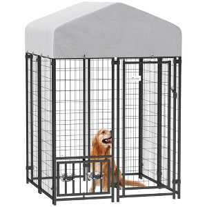 PawHut Outdoor Dog Kennel, Welded Wire Dog Run with 360° Rotating & 4 Levels Adjustable Bowls, Waterproof & UV Resistant Cover, 3.9' x 3.9' x 6' - 1 of 4
