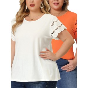 Agnes Orinda Women's Plus Size Crew Neck Lace Panel Short Sleeve Elegant Work Packs Blouses - 1 of 4