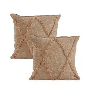 HomeRoots Set of Two Tan Diamond Cotton Throw Pillow With Fringe - 1 of 4