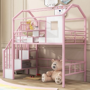 NicBex Twin Size Bunk Bed Classic House Shape Metal Frame Bed Frame Loft Bed with Storage Stairs and Guardrails, No Box Spring Required - 1 of 4