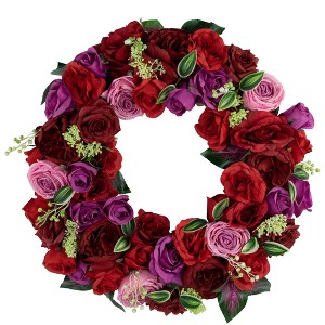 Northlight Mixed Rose Artificial Spring Floral Wreath, 24-Inch - 1 of 4