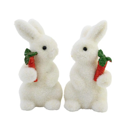 Easter White Fuzzy Bunny - Two Bunny Figurines 3.75 Inches - Spring Rabbit  Carrot - Ea19193 - Polyresin - White