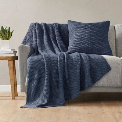 Kumasinova 50x60 Inch Knit Throw Blanket,100% Cotton Handcrafted Throw Blankets for Bed,Cozy Boho Couch Blanket as Home Decor,Blue