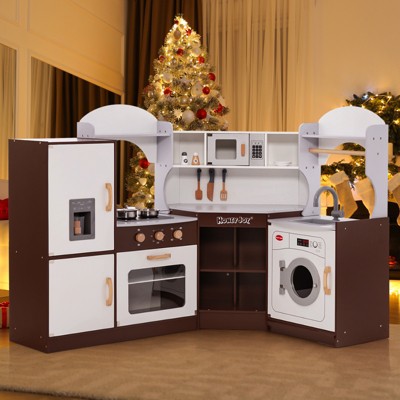 Infans Corner Play Kitchen w/ Ice Maker Microwave Oven for Kids 3+ Years Old Wooden Toy