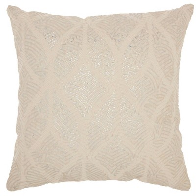 Life Styles Metallic Embroidered Feathers Square Throw Pillow Ivory/Silver - Mina Victory