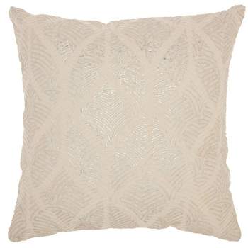 Life Styles Metallic Embroidered Feathers Square Throw Pillow Ivory/Silver - Mina Victory