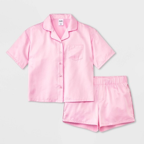 Girls 2pc Satin Short Sleeve Button Up Pajama Set Art Class Pink M Target