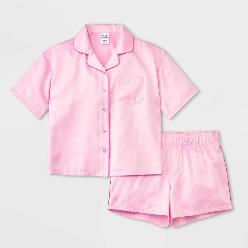Girls' 2pc Satin Short Sleeve Button Up Pajama Set - art class™, 1 of 6