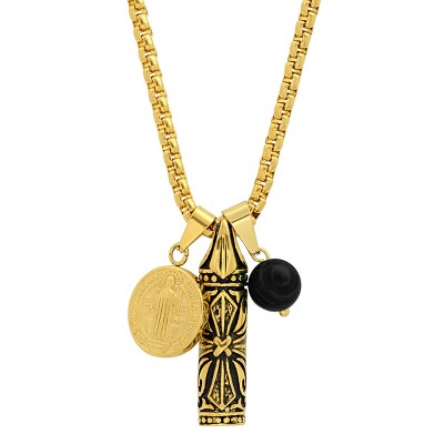 Steeltime 24" Men's 18k gold plated stainless steel St. Benedict, black simulated onyx and bullet 3pc set pendants
