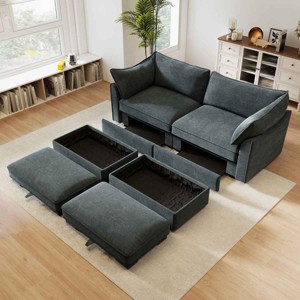2-Seater Sectional Sofa with 2 Movable Footstools, Sofa with Pull-Out Storage Drawers, Upholstered Chenille Sofa with Cushion-Coolbibila - 1 of 4