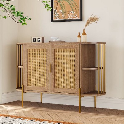 NicBex Curved Buffet Cabinet with Woven Rattan Doors, Rattan Sideboard Cabinet with Gold Trim, Kitchen Storage Cabinet, Coffee Bar Cabinet