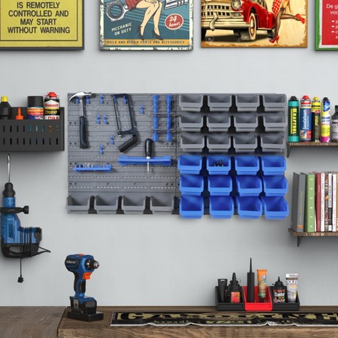 Durhand 44 Piece Wall Mounted Pegboard Tool Organizer Rack Kit With Various  Sized Storage Bins Pegboard & Hooks - Blue : Target