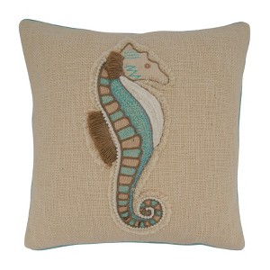 Saro Lifestyle Embroidered Sea Horse Pillow - Down Filled, 18" Square, Aqua - 1 of 3