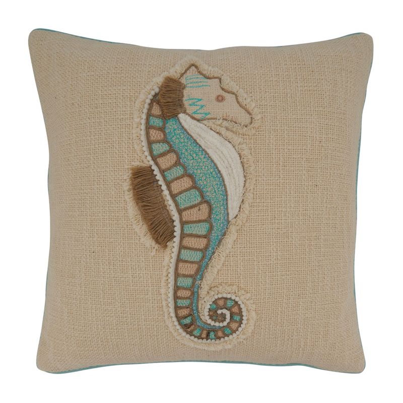 Saro Lifestyle Embroidered Sea Horse Pillow - Down Filled, 18" Square, Aqua, 1 of 4