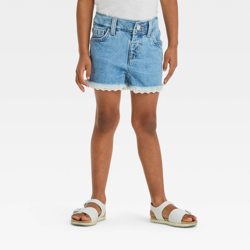 Toddler Girls' Lace Cut-Off Jean Shorts - Cat & Jack™ Light Wash 5T: Adjustable Waistband, Mid-Rise Denim