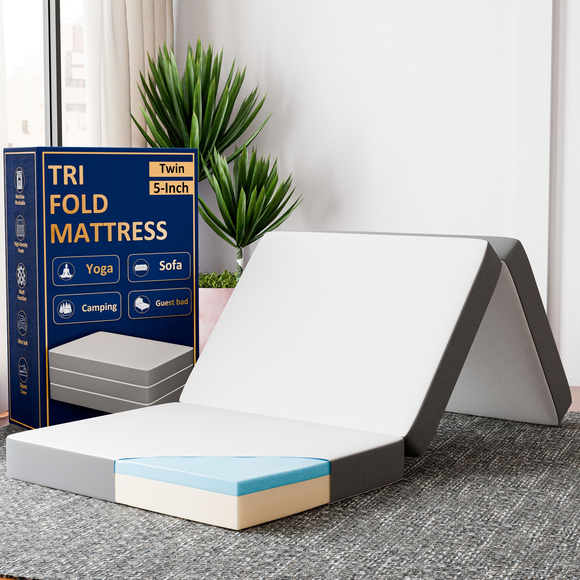 Continental Sleep 5" Portable Tri Folding Gel Memory Foam Mattress | Breathable Mesh Sides with Ultra Soft, Removable and Washable Cover,