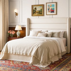 Velvet Upholstered Wingback Bed Frame, No Box Spring, Storage Space, Strong Slats, Easy Assembly - 1 of 4