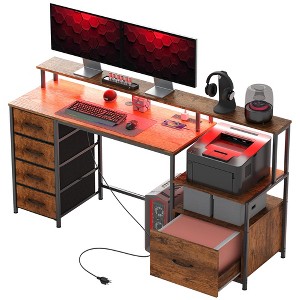 Computer Desk with Power Outlets and LED Lights, 67" Computer Table with File Cabinet and Fabric Drawers - 1 of 4