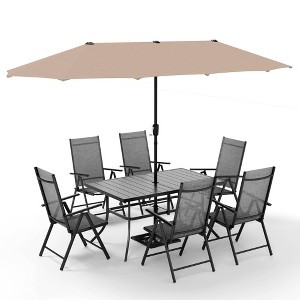 Captiva Designs 8pc Patio Slat-top Rectangle Table & Textilene Reclining Foldable Chairs & 13ft Large Umbrella - 1 of 4