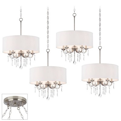 Possini Euro Design Brushed Nickel Swag Pendant Chandelier Modern Crystal Off White Drum Shade 4-Light Fixture Dining Room House